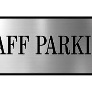 Parking Signs with Self Adhesive Signboard Signage for Office, Hospitals, Colleges, Supermarket | Laser Engraved Acrylic Sheet (12 X 4 Inches) (Staff Parking only, Silver)