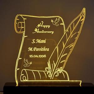 Acrylic Personalized 3D Illusion LED Table Lamp with Wooden Base | Color - Gold | Customized LED Lamp Gift for Wedding Invitation, Anniversary, Couples, Marriage, Valentine Day