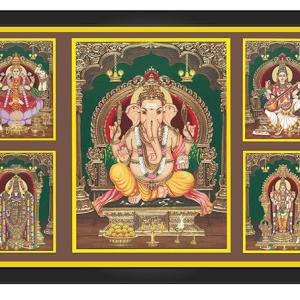 Ganesh/Mahalakshmi/Tirupati/Saraswati/Murugan Photo Frame | Five Hindu Bhagwan Devi Devta in Single Frame for Diwali Pooja | Wall Décor, Wall Mount, Multicolour - 13x19 inches