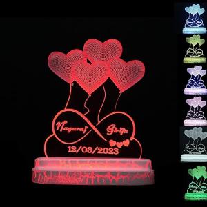 Acrylic 3D Illusion Multicolor Touch LED Lamp | Customized Name | Best Gift for Wedding, Anniversary, Birthday, Valentine's Day for Husband Wife Couple Girlfriend Boyfriend (Design 01)