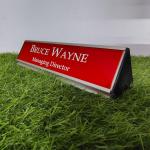 Gugan's Aluminum Desk Name Plate – Personalized Office Name Sign with Holder, Modern Desk Décor for Professionals, Boss, and Executives- Double side (12 x 3 Inches) (Red, Silver)