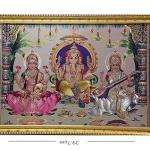 Hindu God, Goddess Engineered Wood Photo Frame For Pooja Room, Temple, Mandir | Gold (13x9 inch) | Three God Lord Ganesha, Goddess Lakshmi Ji & Saraswati Ji Photos in One Frame