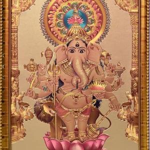 Lord Ganesh Ji Engineered Wood Photo Frame For Pooja Room, Temple, Mandir | Color - Gold (13x9 Inch) | God Ganesha Wall Handing Photo Frame For Wall or Home Decoration | Ready to Hang Frame