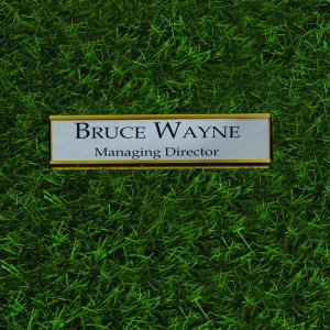 Gugan's Aluminum Desk Name Plate – Personalized Office Name Sign with Holder, Modern Desk Décor for Professionals, Boss, and Executives- Double Side (12 x 3 Inches) (Silver, Gold)