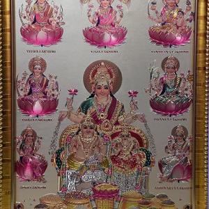 Hindu Ashtalakshmi Photo Frame | Gold (13x9 inch) | ashtalakshmi & Dhan Kuber With Gold Coin Photos in One Frame For Pooja Room, Temple, Mandir