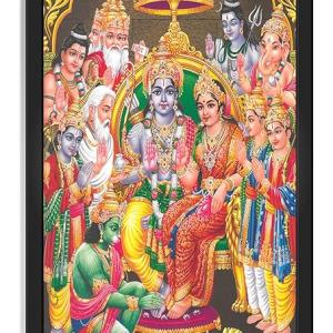 Shree Ram Sita Hanuman ji Photo Frame | Ram Darbar Engineered Wooden Hindu God Ram Parivar/Family Photo Frame Wall Mount Multicoloured for Mandir - 13x19 Inches (622B-Ram)