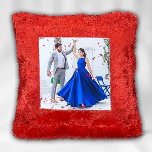 Personalized Red Square Shape Fur Pillow| Personalized with Your Photos and &Message Printed for Birthday, Anniversary, Valentine's Day, Festival Gift