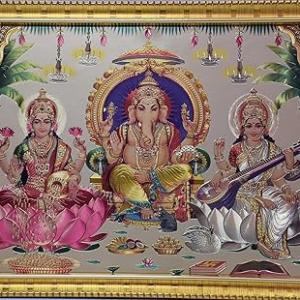 Hindu God, Goddess Engineered Wood Photo Frame For Pooja Room, Temple, Mandir | Gold (13x9 inch) | Three God Lord Ganesha, Goddess Lakshmi Ji & Saraswati Ji Photos in One Frame