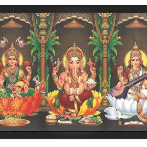 anesh/Mahalakshmi/Saraswati/Photo Frame | Hindu Bhagwan Devi Devta in Single Frame for Pooja | Wall Décor, Engineered Wood, Wall Mount, Multicolour - 13x19 inches